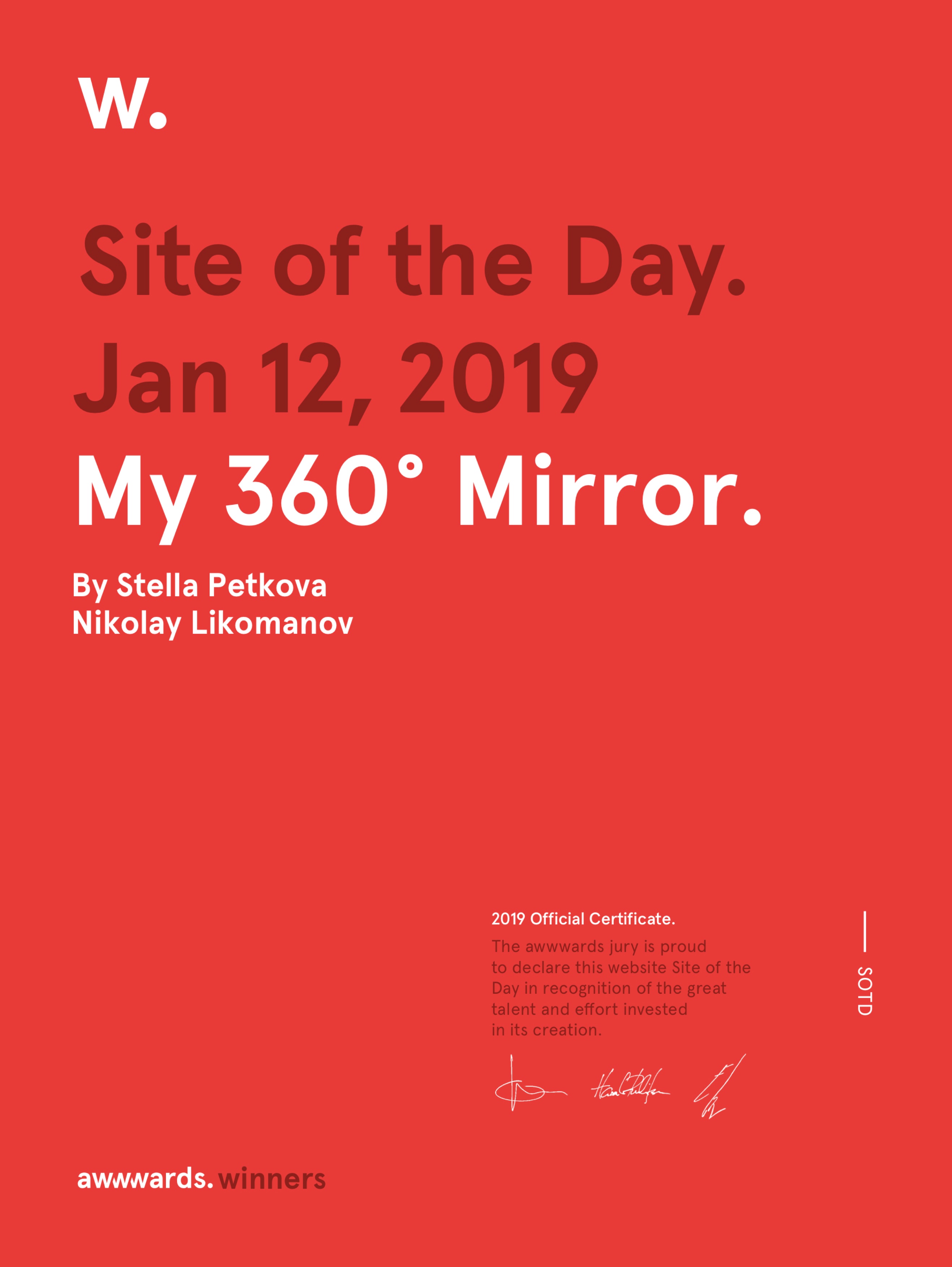 Awwwards Site Of The Day Certificate - My 360 Mirror